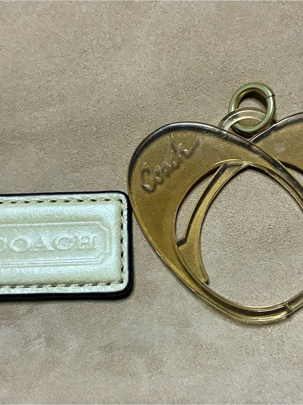 COACH Beige Leather Keychain with Gold Heart Charm